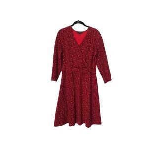 Lands End Dress Size M Red Maroon Faux Wrap 3/4 Sleeve Knee Length Fit n Flare